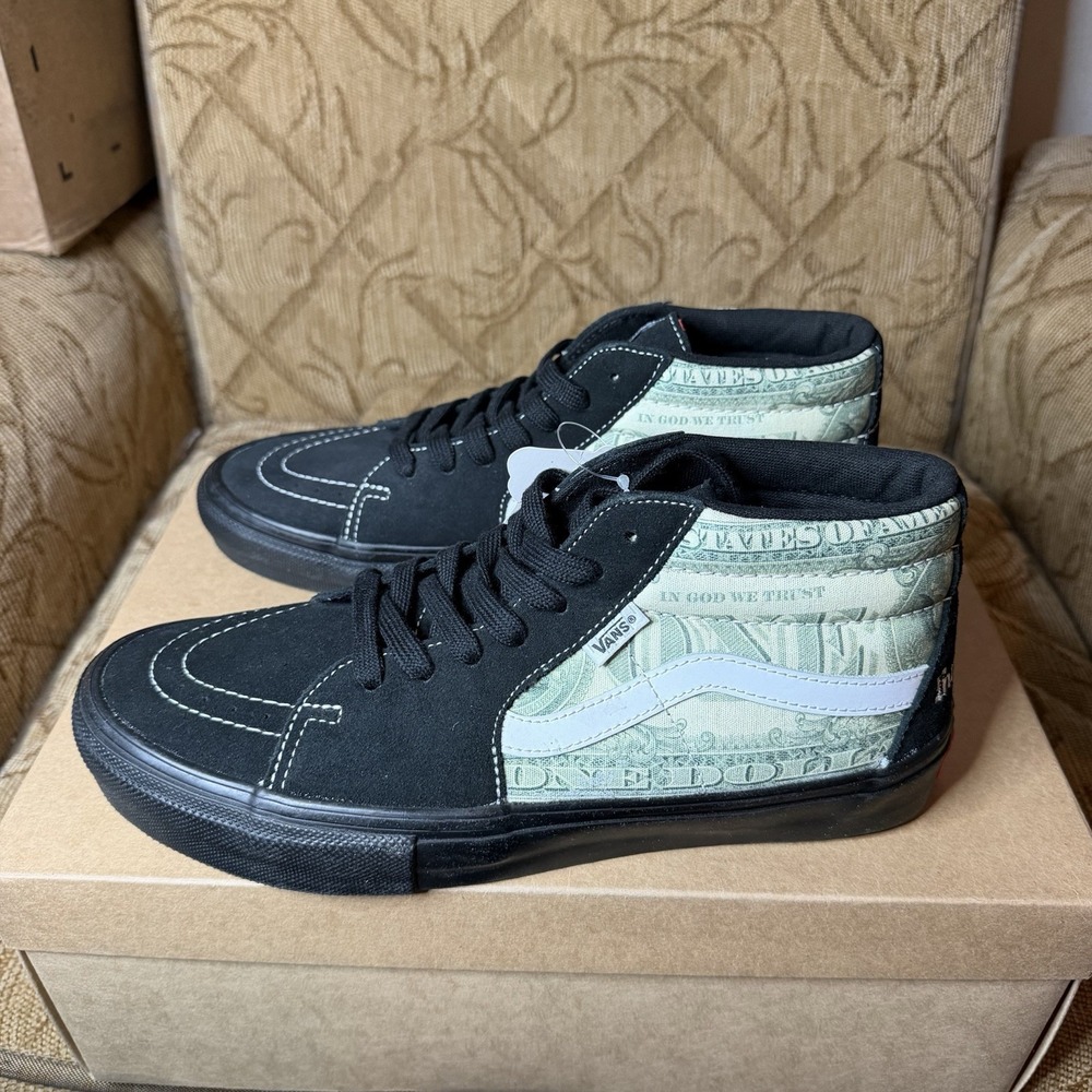 Supreme Vans Skate Grosso Mid Dollar Bill Black Men Size 10 Brand New!